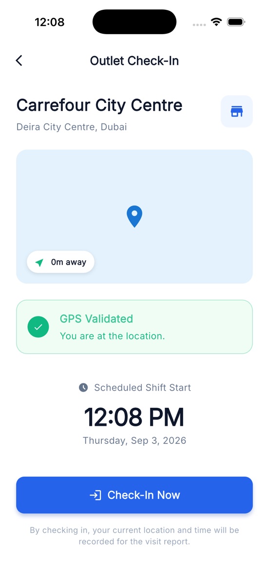 Field app check-in screen with GPS validated